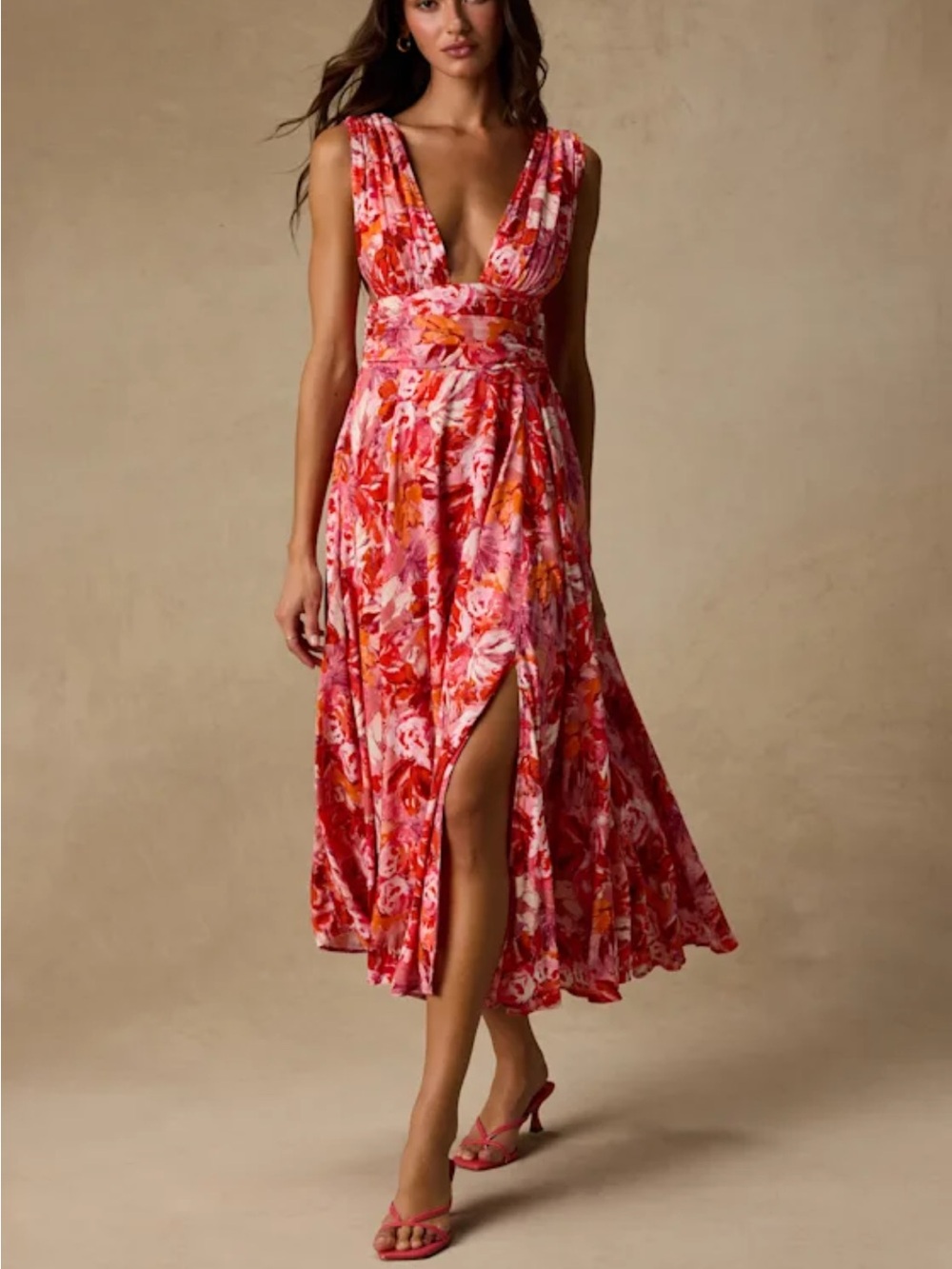 Lulu's Pink and Red Floral V-Neck Midi Dress